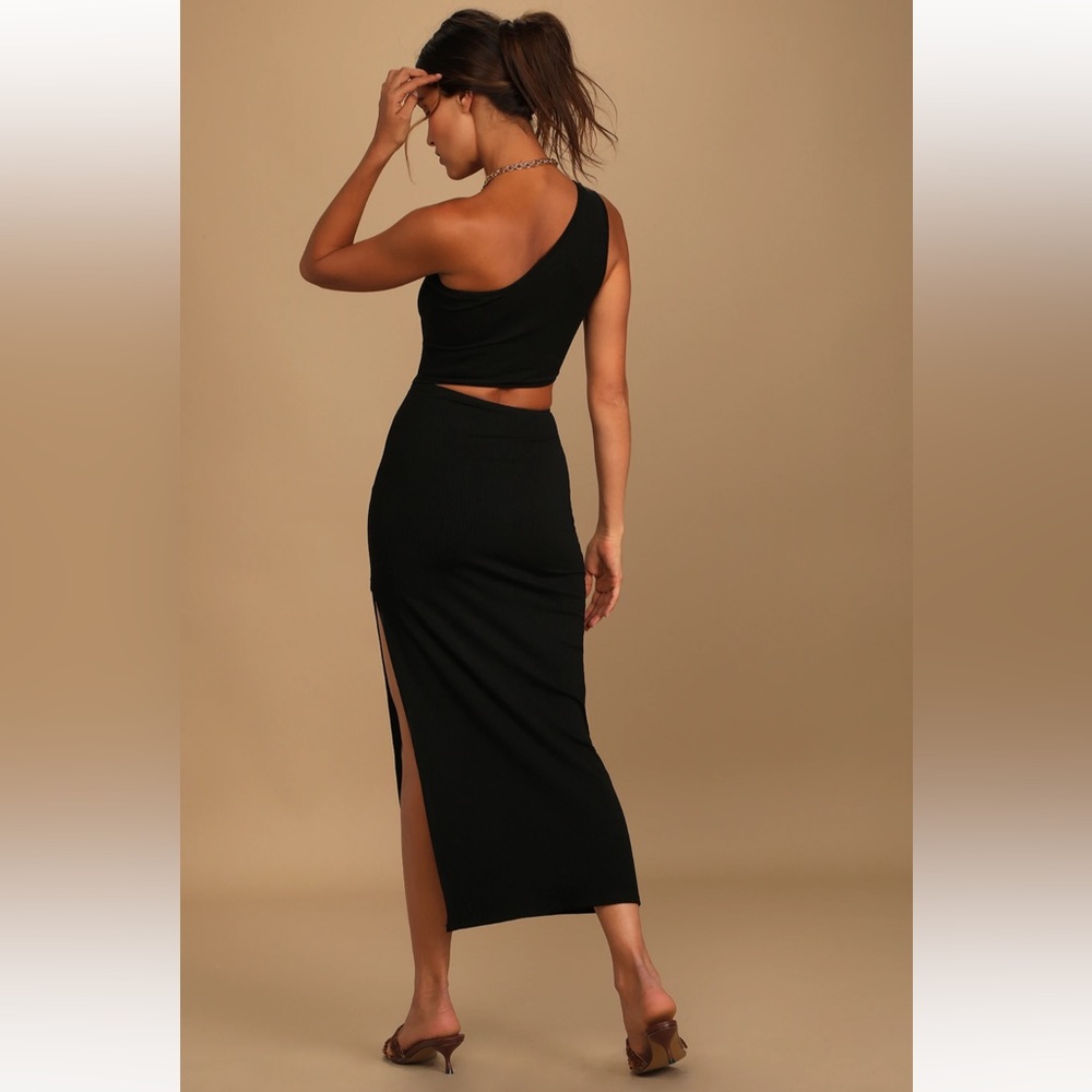 Spice Things Up Black Ribbed One-Shoulder Cutout Midi Dress Sz: XS - Picture 4 of 11